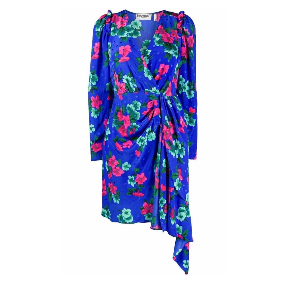 Essentiel Antwerp Viesbeth Puff Sleeve Silk Mini Dress Palace Blue Floral US 4